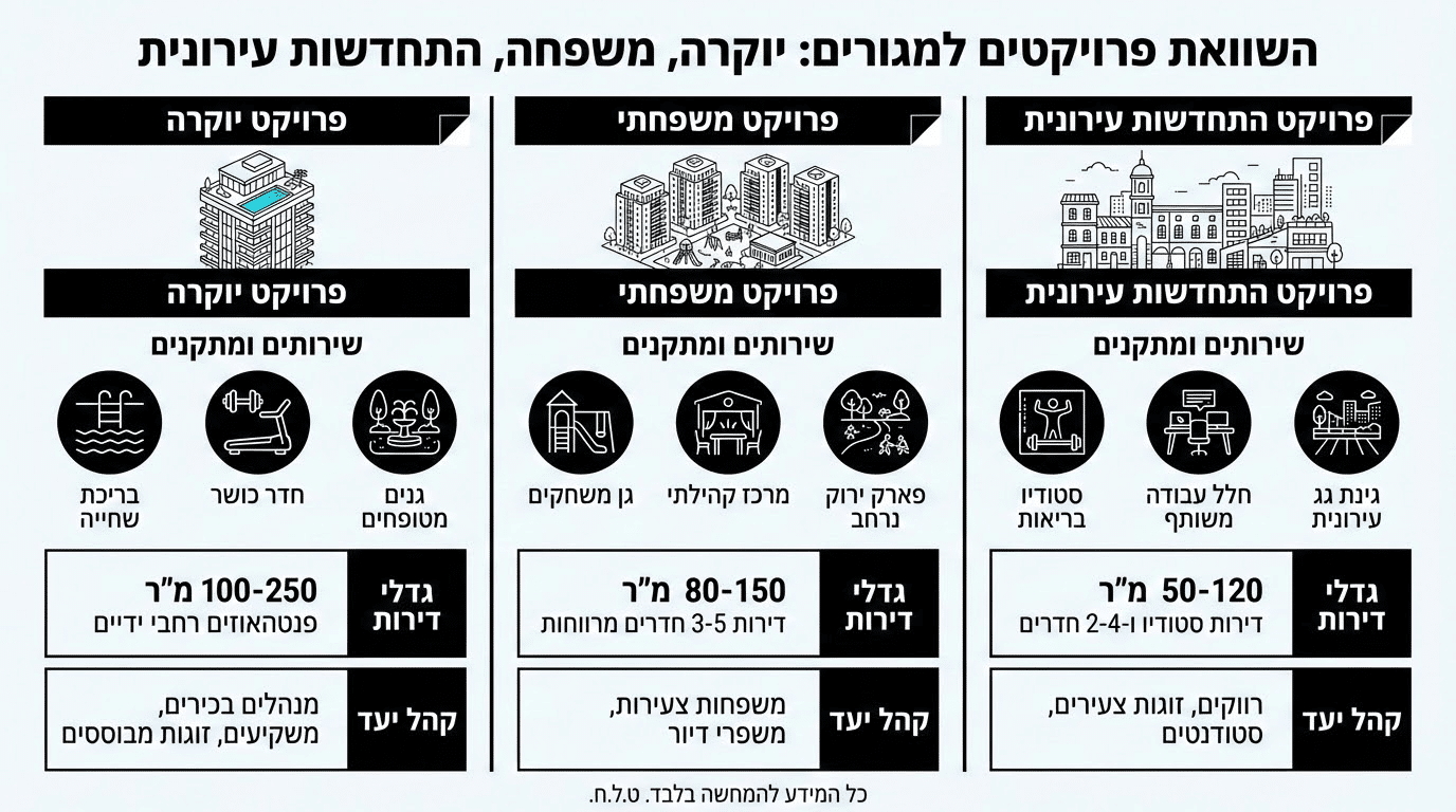 השוואה מעשית בין שלושה סוגי פרויקטי מגורים - יוקרה, משפחתי והתחדשות עירונית
